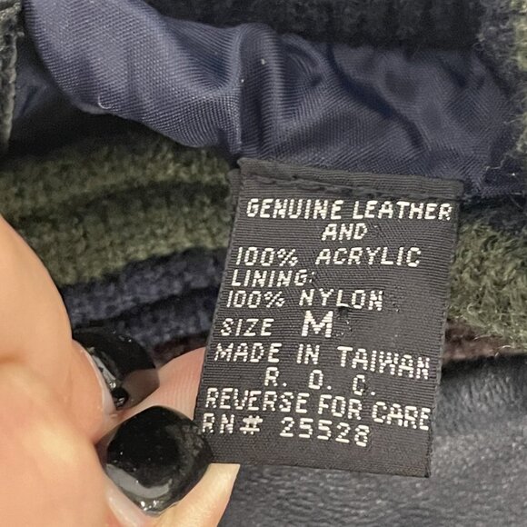 VTG Saxony Mens Sweater Jacket Size M Genuine Leather Acrylic Black Knit Hip Hop - Picture 5 of 9